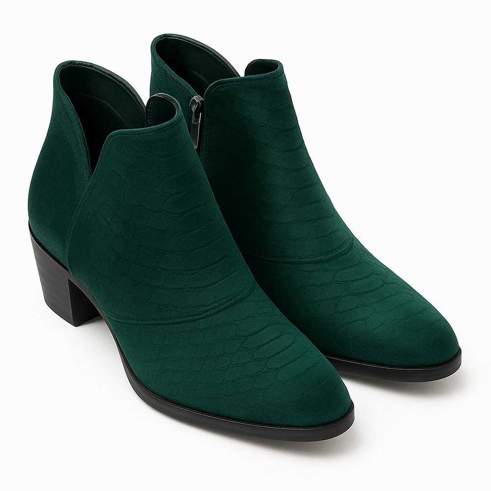 Very Volatile Green Reptile Textured Ankle Boots Booties Side Zip Women’s 7.5